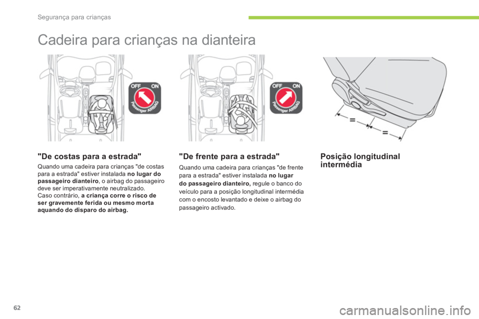 CITROEN C-ZERO 2012 Manual do condutor (in Portuguese) Segurança para crianças
62
Cadeira para crianças na dianteira
"De costas para a estrada"
Quando uma cadeira para crianças "de costas
para a estrada" estiver instalada no lugar do
pas CITROEN C-ZERO 2012 Manual do condutor (in Portuguese) Segurança para crianças
62
Cadeira para crianças na dianteira
"De costas para a estrada"
Quando uma cadeira para crianças "de costas
para a estrada" estiver instalada no lugar do
pas
