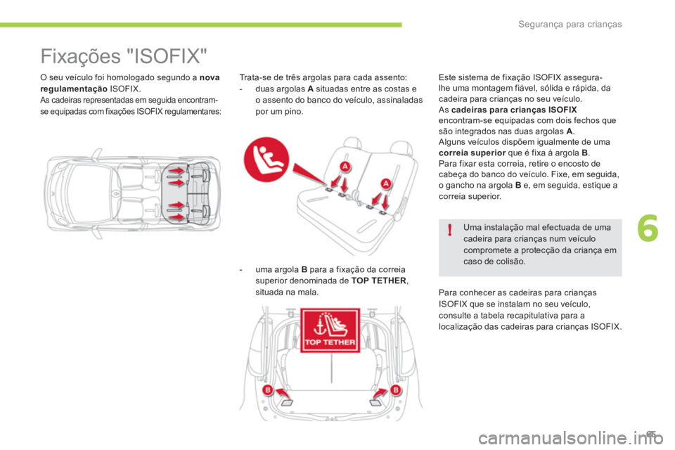 CITROEN C-ZERO 2012 Manual do condutor (in Portuguese) 6!
Segurança para crianças
65
O seu veículo foi homologado segundo a nova
regulamentação
ISOFIX.
As cadeiras representadas em seguida encontram-
se equipadas com fixações ISOFIX regula CITROEN C-ZERO 2012 Manual do condutor (in Portuguese) 6!
Segurança para crianças
65
O seu veículo foi homologado segundo a nova
regulamentação
ISOFIX.
As cadeiras representadas em seguida encontram-
se equipadas com fixações ISOFIX regula