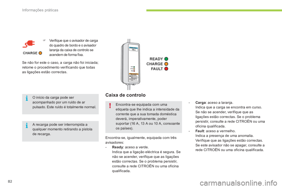 CITROEN C-ZERO 2012  Manual do condutor (in Portuguese) i
i
!
Informações práticas
82
   
Caixa de controlo 
 
 
 
�) 
 Verifique que o avisador de carga 
do quadro de bordo e o avisador 
laranja da caixa de controlo se 
acendem de forma fixa.  
 
O in