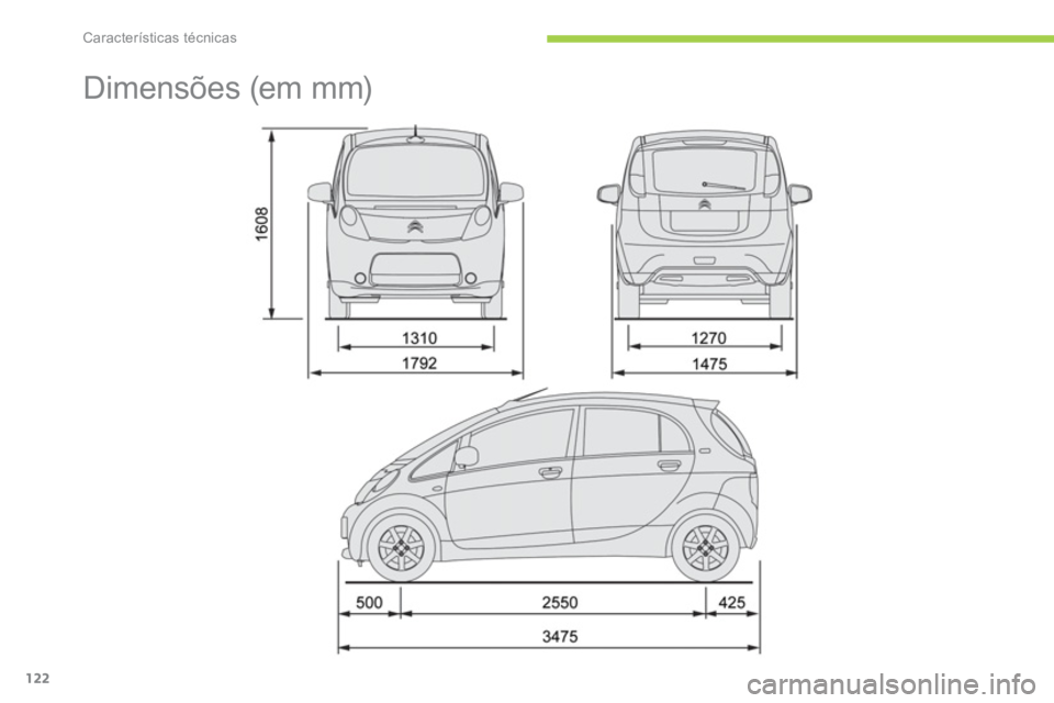 CITROEN C-ZERO 2011 Manual do condutor (in Portuguese) Características técnicas
122
Dimensões (em mm) CITROEN C-ZERO 2011 Manual do condutor (in Portuguese) Características técnicas
122
Dimensões (em mm)
