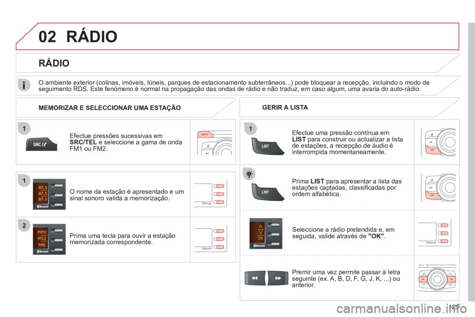 CITROEN C-ZERO 2011 Manual do condutor (in Portuguese) 11
02
1
2
129
RÁDIO
Efectue pressões sucessivas em
SRC/TEL e seleccione a gama de onda FM1 ou FM2.
Prima uma tecla para ouvir a estação
memorizada correspondente.Seleccione a rádio
pretendid CITROEN C-ZERO 2011 Manual do condutor (in Portuguese) 11
02
1
2
129
RÁDIO
Efectue pressões sucessivas em
SRC/TEL e seleccione a gama de onda FM1 ou FM2.
Prima uma tecla para ouvir a estação
memorizada correspondente.Seleccione a rádio
pretendid