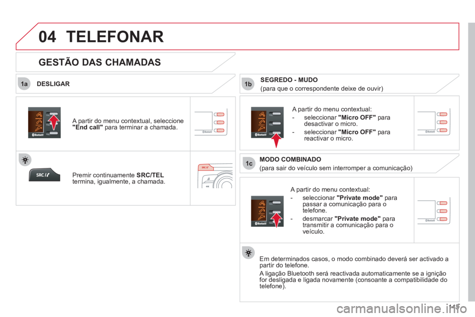 CITROEN C-ZERO 2011 Manual do condutor (in Portuguese)
1a
1c
1b
04
143
TELEFONAR
DESLIGAR
A partir do menu contextual:
-
seleccionar "Private mode"
parapassar a comunicação para o
telefone.
-
desmarcar "
Private mode "para
t CITROEN C-ZERO 2011 Manual do condutor (in Portuguese)
1a
1c
1b
04
143
TELEFONAR
DESLIGAR
A partir do menu contextual:
-
seleccionar "Private mode"
parapassar a comunicação para o
telefone.
-
desmarcar "
Private mode "para
t