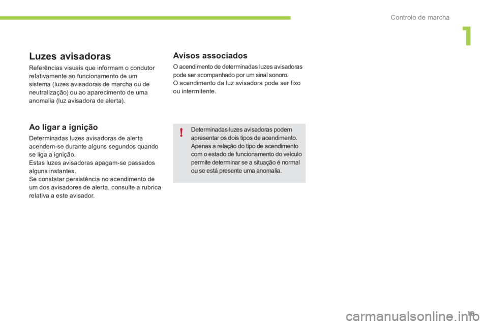 CITROEN C-ZERO 2011 Manual do condutor (in Portuguese) 1
!
Controlo de marcha
19
Luzes avisadoras
Referências visuais que informam o condutor
relativamente ao funcionamento de um
sistema (luzes avisadoras de marcha ou deneutralização) ou ao aparec CITROEN C-ZERO 2011 Manual do condutor (in Portuguese) 1
!
Controlo de marcha
19
Luzes avisadoras
Referências visuais que informam o condutor
relativamente ao funcionamento de um
sistema (luzes avisadoras de marcha ou deneutralização) ou ao aparec