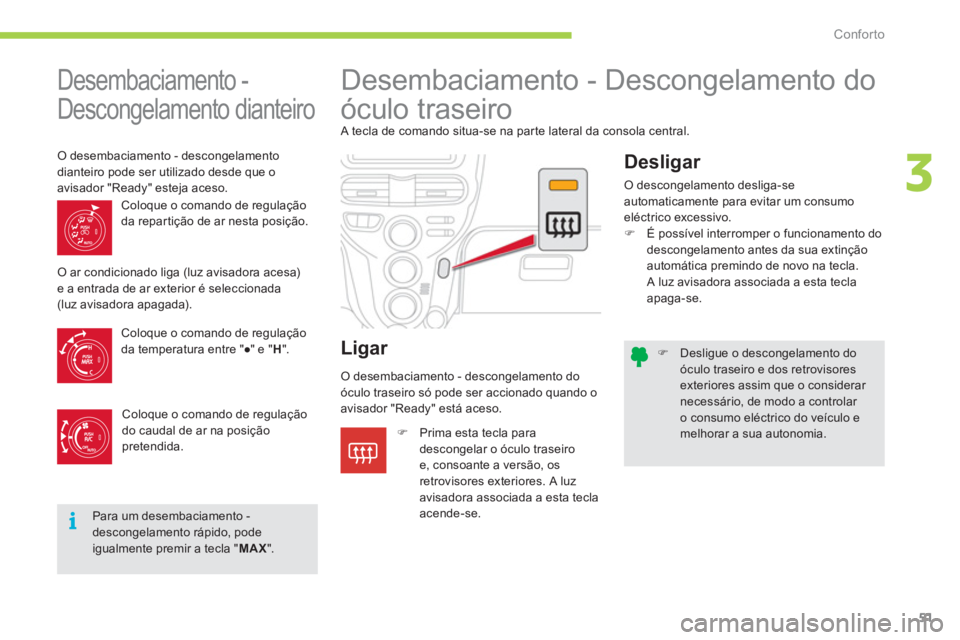 CITROEN C-ZERO 2011  Manual do condutor (in Portuguese) 3
i
Conforto
51
�)   Desligue o descongelamento doóculo traseiro e dos retrovisoresexteriores assim que o considerar necessário, de modo a controlar o consumo eléctrico do veículo e melhorar a sua