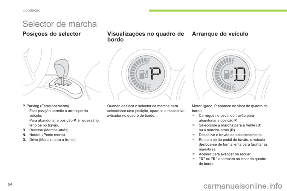 CITROEN C-ZERO 2011  Manual do condutor (in Portuguese) Condução
54
P.   Parking (Estacionamento).
Esta posição permite o arranque do
v
eículo.
Para abandonar a posição P  , é necessárioPter o pé no travão.R. Reverse (Marcha-atrás).N.     Neutr