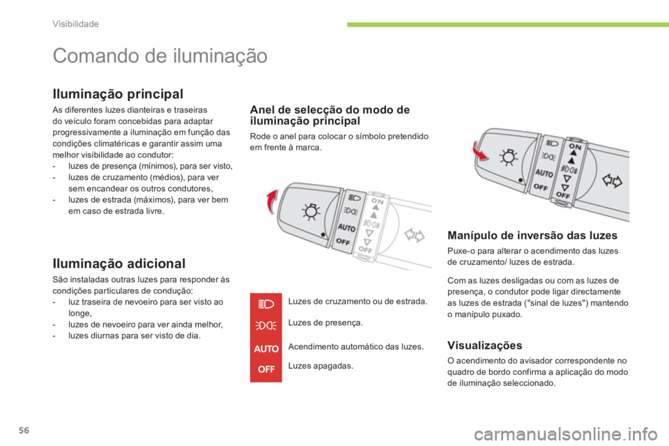 CITROEN C-ZERO 2011  Manual do condutor (in Portuguese) Visibilidade
56
   
 
 
 
 
Comando de iluminação 
Iluminação principal
 As diferentes luzes dianteiras e traseiras 
do veículo foram concebidas para adaptar 
progressivamente a iluminação em f