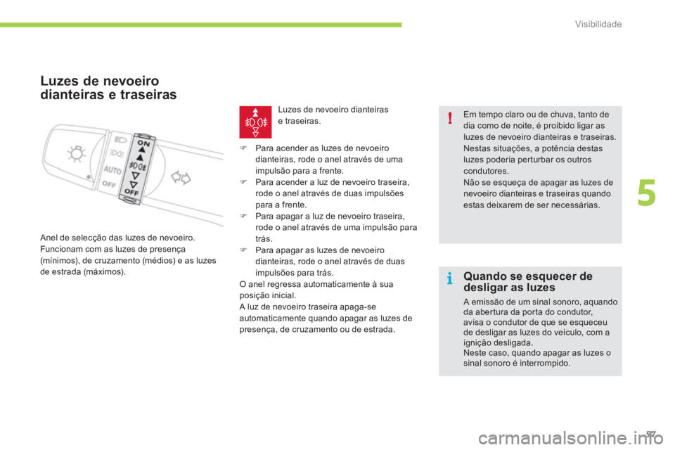CITROEN C-ZERO 2011  Manual do condutor (in Portuguese) 5
i !
Visibilidade
57
   
 
 
 
 
Luzes de nevoeiro
dianteiras e traseiras
 Anel de selecção das luzes de nevoeiro.
  Funcionam com as luzes de presença
(mínimos), de cruzamento (médios) e as luz