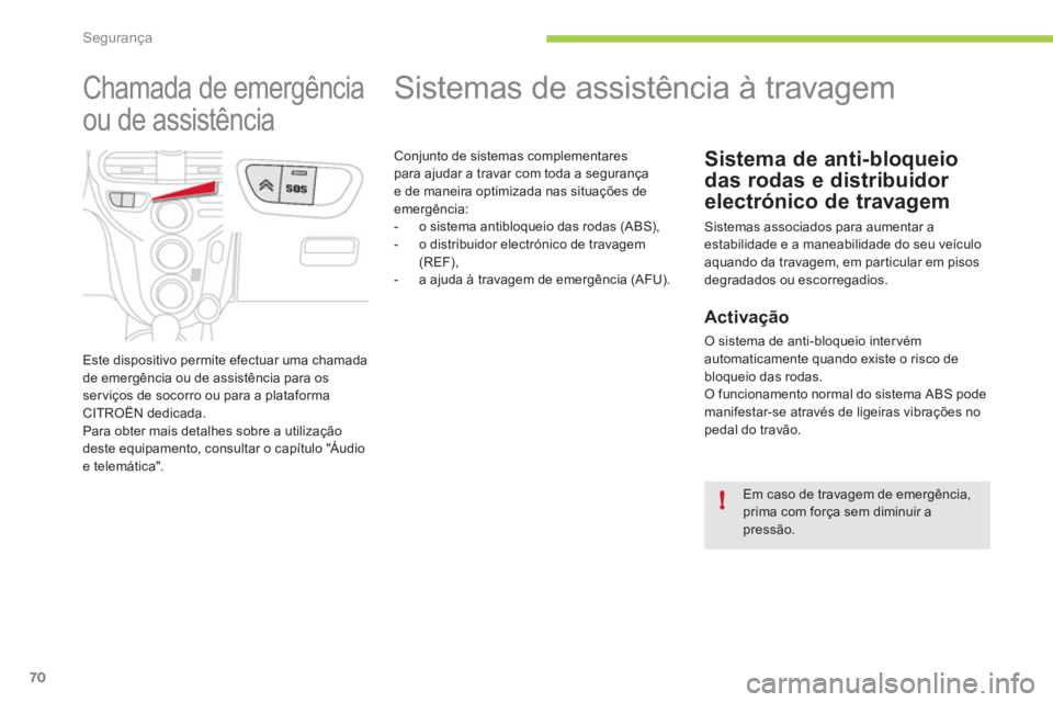 CITROEN C-ZERO 2011  Manual do condutor (in Portuguese) !
Segurança
70
   
 
 
 
 
 
 
 
 
 
 
 
 
 
 
 
 
Sistemas de assistência à travagem 
Sistema de anti-bloqueio 
das rodas e distribuidor 
electrónico de travagem
 Sistemas associados para aumenta