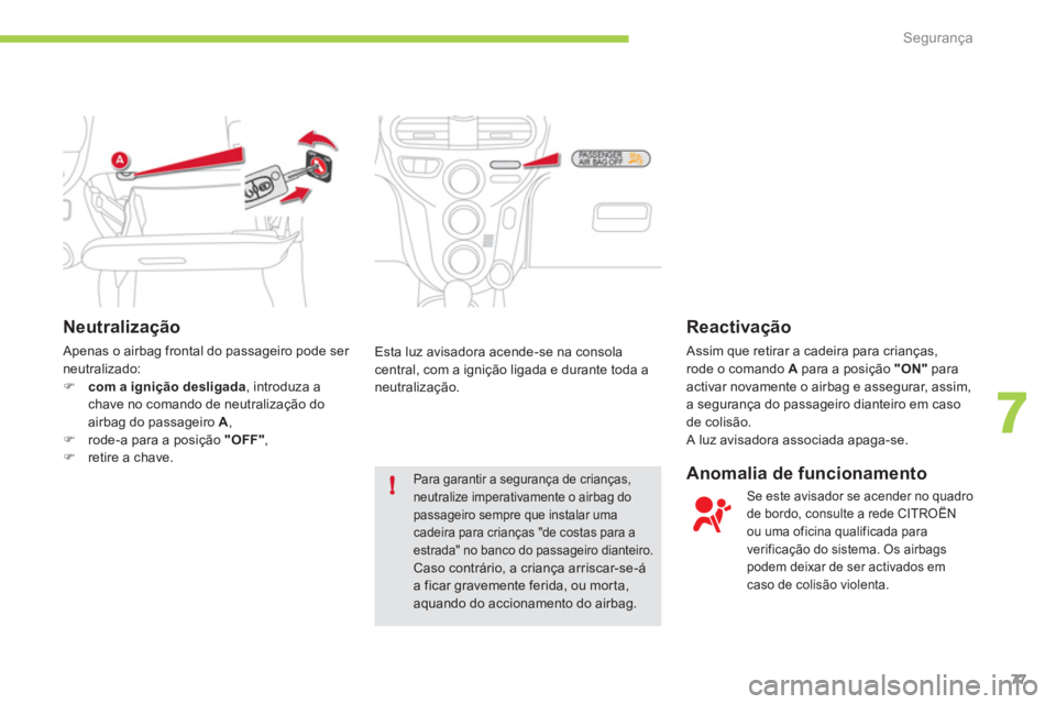 CITROEN C-ZERO 2011  Manual do condutor (in Portuguese) 7
!
Segurança
77
   
Neutralização 
 Apenas o airbag frontal do passageiro pode ser neutralizado: �)com a ignição desligada 
, introduza achave no comando de neutralização doairbag do passageir
