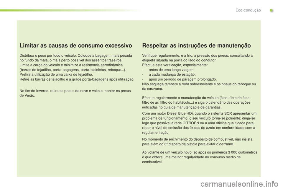 CITROEN C3 2015  Manual do condutor (in Portuguese) 9
C3_pt_Chap00c_eco-conduite_ed01-2014
Limitar as causas de consumo excessivo
distribua o peso por todo o veículo. Coloque a bagagem mais pesada 
no fundo da mala, o mais perto possível dos assentos