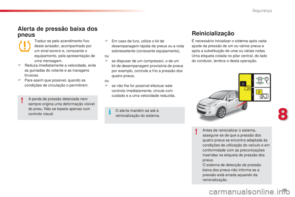 CITROEN C3 2015 Manual do condutor (in Portuguese) 99
C3_pt_Chap08_securite_ed01-2014
Alerta de pressão baixa dos
pneus
traduz-se pelo acendimento fixo
deste avisador, acompanhado por
um sinal sonoro e, consoante o
equipamento, pela apresentaçã CITROEN C3 2015 Manual do condutor (in Portuguese) 99
C3_pt_Chap08_securite_ed01-2014
Alerta de pressão baixa dos
pneus
traduz-se pelo acendimento fixo
deste avisador, acompanhado por
um sinal sonoro e, consoante o
equipamento, pela apresentaçã