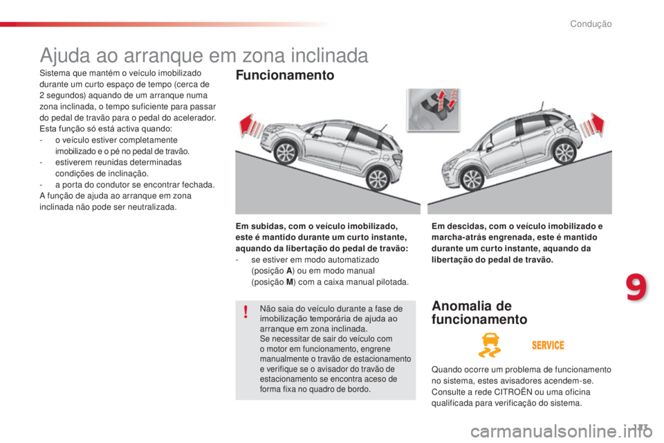 CITROEN C3 2015 Manual do condutor (in Portuguese) 123
C3_pt_Chap09_Conduite_ed01-2014
C3_pt_Chap09_Conduite_ed01-2014
ajuda ao arranque em zona inclinada
sistema que mantém o veículo imobilizado
durante um curto espaço de tempo (cerca de
2 segu CITROEN C3 2015 Manual do condutor (in Portuguese) 123
C3_pt_Chap09_Conduite_ed01-2014
C3_pt_Chap09_Conduite_ed01-2014
ajuda ao arranque em zona inclinada
sistema que mantém o veículo imobilizado
durante um curto espaço de tempo (cerca de
2 segu