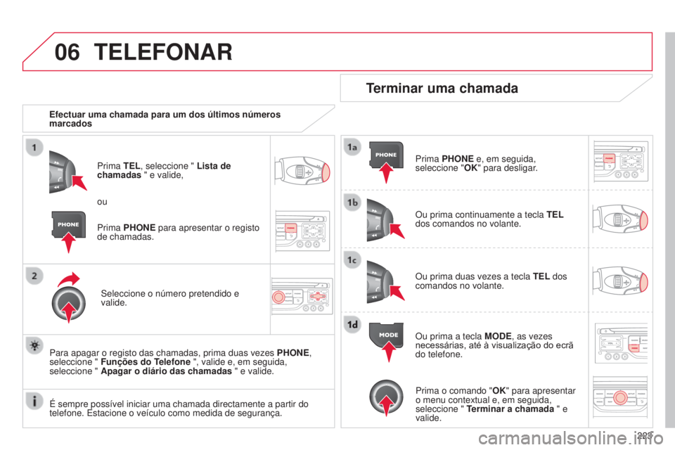 CITROEN C3 2015  Manual do condutor (in Portuguese) 06
223
C3_pt_Chap13b_rt6-2-8_ed01-2014
TELEFONAR
Efectuar uma chamada para um dos últimos números 
marcadosPrima TEL, seleccione " Lista de 
chamadas " e valide,
s

eleccione o número prete