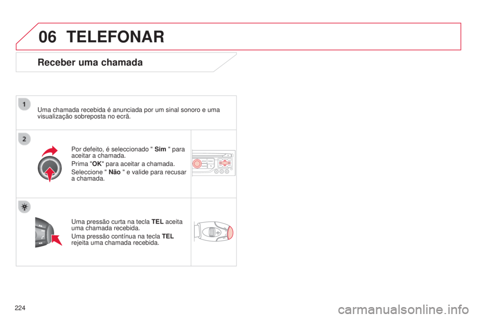 CITROEN C3 2015  Manual do condutor (in Portuguese) 06
224
C3_pt_Chap13b_rt6-2-8_ed01-2014
TELEFONAR
Receber uma chamada
uma chamada recebida é anunciada por um sinal sonoro e uma 
visualização sobreposta no ecrã.
Por defeito, é seleccionado "