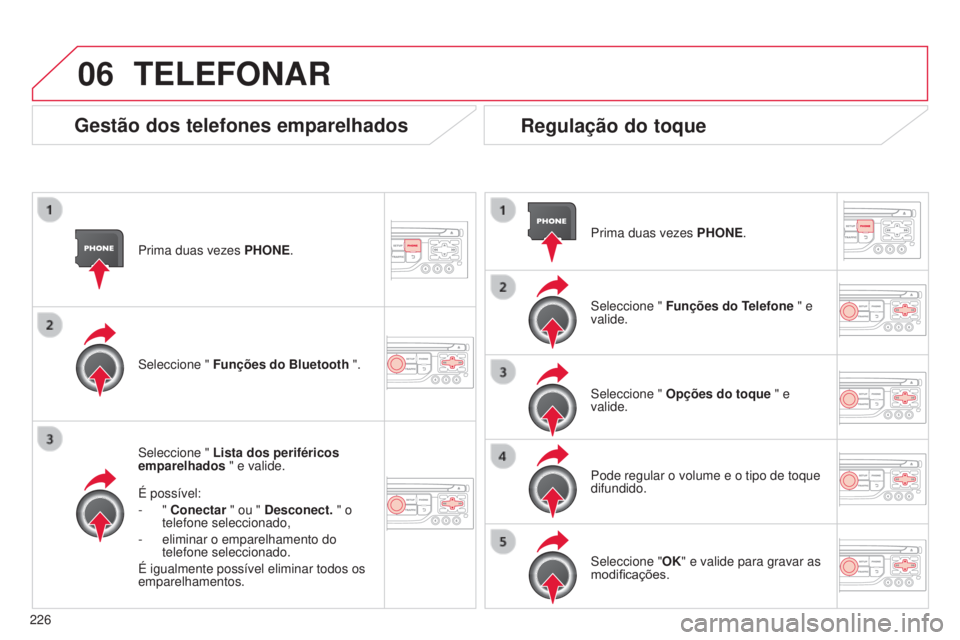 CITROEN C3 2015  Manual do condutor (in Portuguese) 06
226
C3_pt_Chap13b_rt6-2-8_ed01-2014
Prima duas vezes PHONE.
s

eleccione "  Lista dos periféricos 
emparelhados " e valide.
É possível:
-
  " Conectar " ou " Desconect. "
