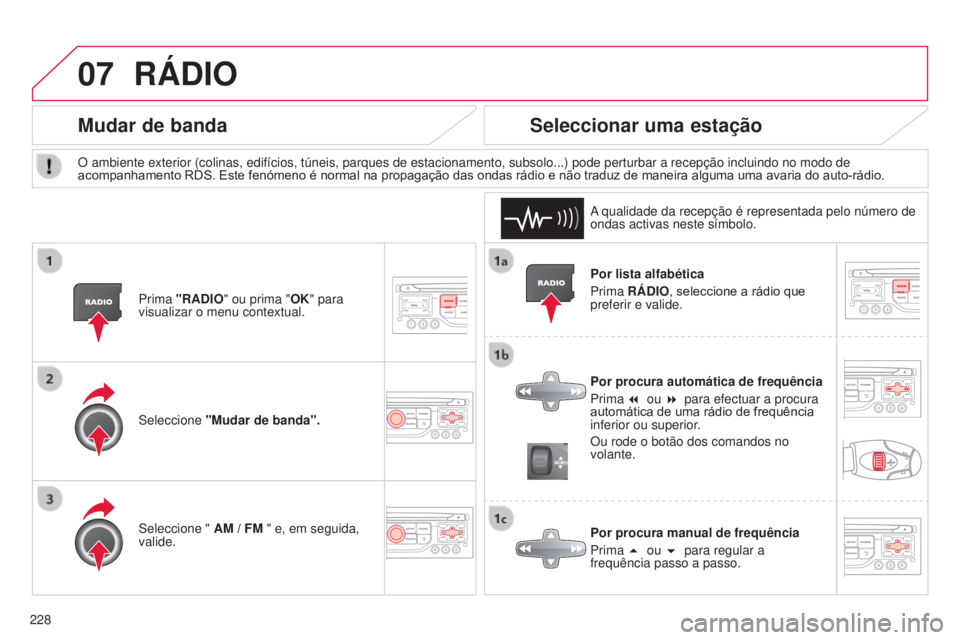 CITROEN C3 2015  Manual do condutor (in Portuguese) 07
228
C3_pt_Chap13b_rt6-2-8_ed01-2014
Por lista alfabética
Prima RÁDIO, seleccione a rádio que 
preferir e valide.
Por procura automática de frequência
Prima 7  ou 8   para efectuar a procura 
a