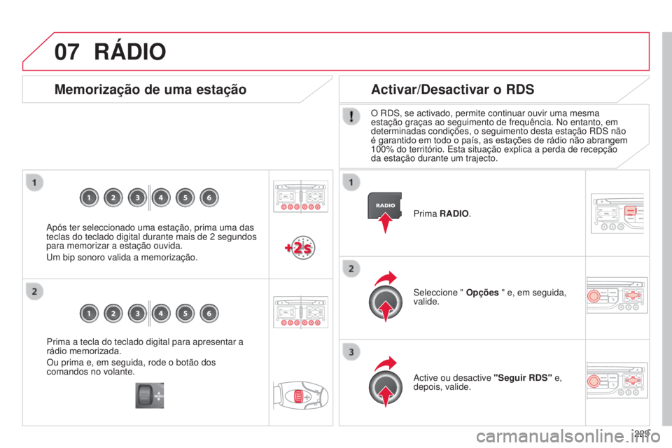 CITROEN C3 2015  Manual do condutor (in Portuguese) 07
229
C3_pt_Chap13b_rt6-2-8_ed01-2014
Prima a tecla do teclado digital para apresentar a 
rádio memorizada.
o
u prima e, em seguida, rode o botão dos 
comandos no volante.
Memorização de uma esta