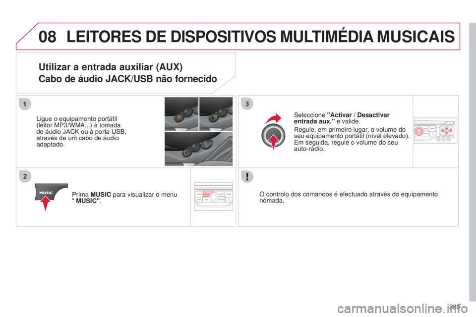 CITROEN C3 2015  Manual do condutor (in Portuguese) 08
235
C3_pt_Chap13b_rt6-2-8_ed01-2014
LEITORES DE DISPOSITIVOS MULTIMÉDIA MUSICAIS
Utilizar a entrada auxiliar (AUX)
Cabo de áudio JACK/USB não fornecido
Ligue o equipamento portátil 
(leitor MP3
