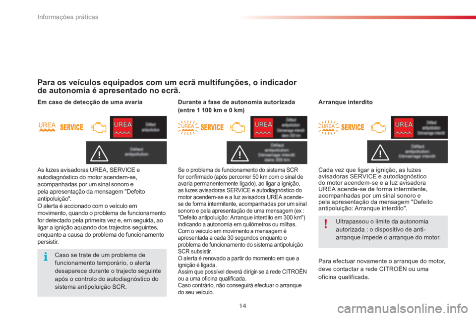 CITROEN C3 2015  Manual do condutor (in Portuguese) Informações práticas
14
   
 
Para os veículos equipados com um ecrã multifunções, o indicador 
de autonomia é apresentado no ecrã.  
 
 
 
Ultrapassou o limite da autonomia 
autorizada : o d