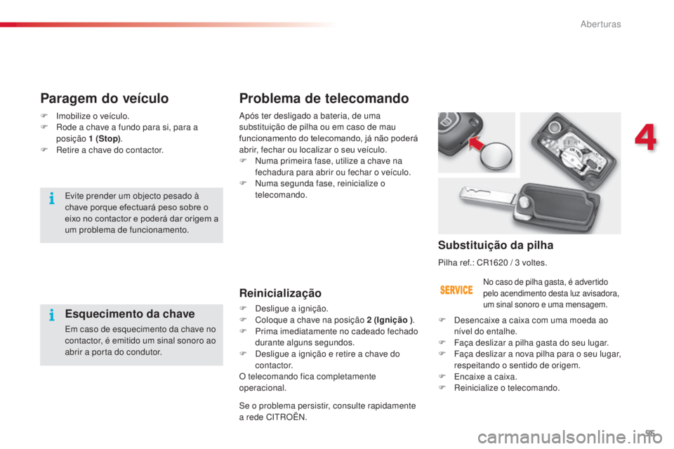 CITROEN C3 2015 Manual do condutor (in Portuguese) 55
C3_pt_Chap04_ouvertures_ed01-2014
Problema de telecomando
Reinicialização
F desligue a ignição.
F
C oloque a chave na posição 2 (Ignição ).
F
P
rima imediatamente no cadeado fechado
CITROEN C3 2015 Manual do condutor (in Portuguese) 55
C3_pt_Chap04_ouvertures_ed01-2014
Problema de telecomando
Reinicialização
F desligue a ignição.
F
C oloque a chave na posição 2 (Ignição ).
F
P
rima imediatamente no cadeado fechado