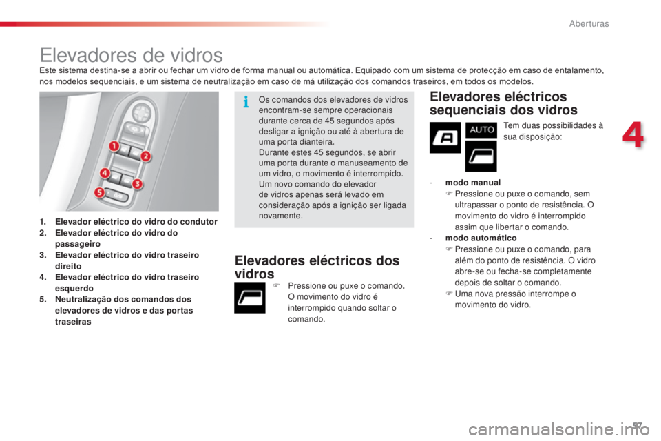 CITROEN C3 2015 Manual do condutor (in Portuguese) 57
C3_pt_Chap04_ouvertures_ed01-2014
elevadores de vidrosEste sistema destina-se a abrir ou fechar um vidro de forma manual ou automática. Equipado com um sistema de protecção em caso de entalament CITROEN C3 2015 Manual do condutor (in Portuguese) 57
C3_pt_Chap04_ouvertures_ed01-2014
elevadores de vidrosEste sistema destina-se a abrir ou fechar um vidro de forma manual ou automática. Equipado com um sistema de protecção em caso de entalament