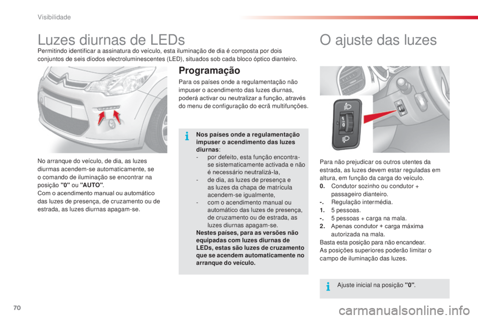 CITROEN C3 2015 Manual do condutor (in Portuguese) 70
C3_pt_Chap05_Visibilite_ed01-2014
Para não prejudicar os outros utentes da
estrada, as luzes devem estar reguladas em
altura, em função da carga do veículo.
0.
C
ondutor sozinho ou condutor CITROEN C3 2015 Manual do condutor (in Portuguese) 70
C3_pt_Chap05_Visibilite_ed01-2014
Para não prejudicar os outros utentes da
estrada, as luzes devem estar reguladas em
altura, em função da carga do veículo.
0.
C
ondutor sozinho ou condutor