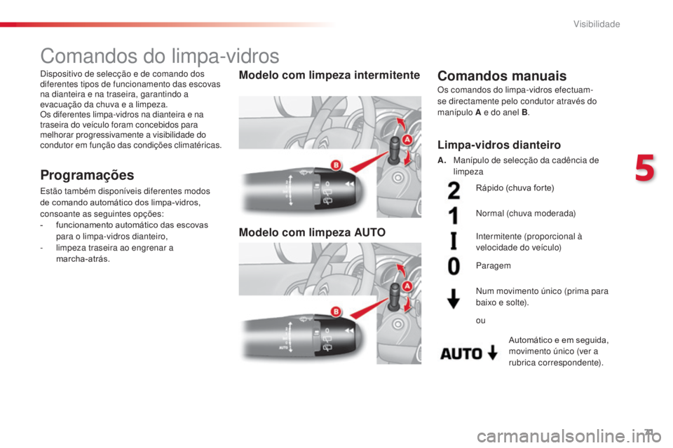 CITROEN C3 2015 Manual do condutor (in Portuguese) 71
C3_pt_Chap05_Visibilite_ed01-2014
Comandos do limpa-vidros
Programações
estão também disponíveis diferentes modos
de comando automático dos limpa-vidros,
consoante as seguintes opções:
- CITROEN C3 2015 Manual do condutor (in Portuguese) 71
C3_pt_Chap05_Visibilite_ed01-2014
Comandos do limpa-vidros
Programações
estão também disponíveis diferentes modos
de comando automático dos limpa-vidros,
consoante as seguintes opções:
-