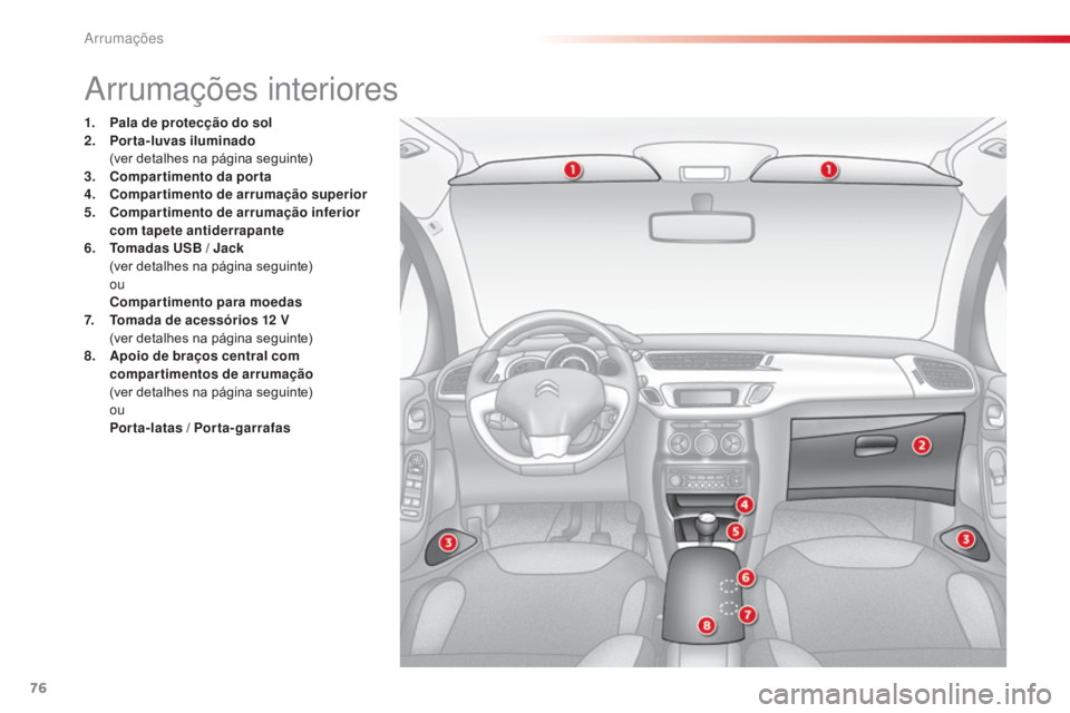 CITROEN C3 2015  Manual do condutor (in Portuguese) 76
C3_pt_Chap06_amenagement_ed01-2014
arrumações interiores
1. Pala de protecção do sol
2. P
orta-luvas iluminado  
 (

ver detalhes na página seguinte)
3.
 C

ompartimento da porta
4.
 C

ompart