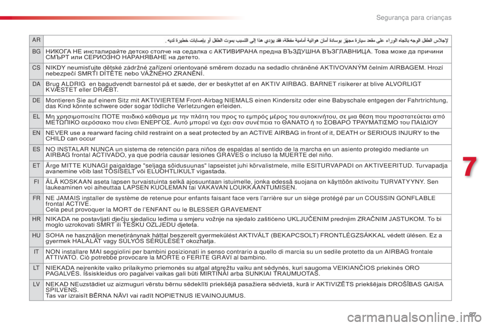 CITROEN C3 2015  Manual do condutor (in Portuguese) ar
BGНИКОГА НЕ инсталирайте детско столче на седалка с АКТИВИРАНА предна ВЪЗДУШНА ВЪЗГЛАВНИЦ А. Това може да пр