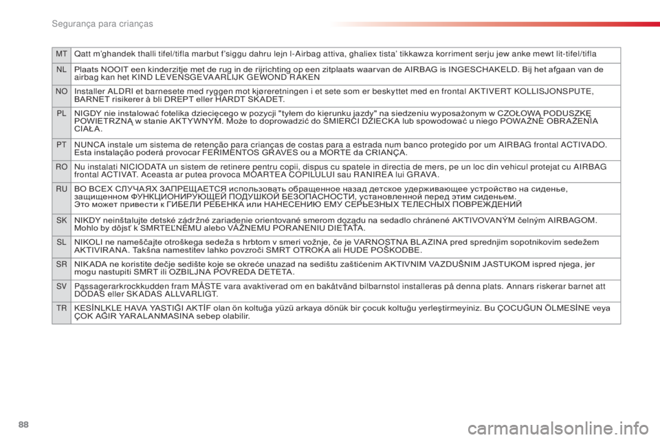 CITROEN C3 2015  Manual do condutor (in Portuguese) MtQatt m’ghandek thalli tifel/tifla marbut f’siggu dahru lejn l-airbag attiva, ghaliex tista’ tikkawza korriment serju jew anke mewt lit-tifel/tifla
nlPlaats NOOIT een kinderzitje met de rug in 