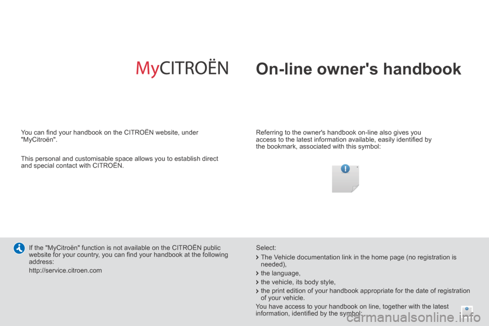 Citroen DS5 HYBRID4 RHD 2014 1.G Owners Manual  On-line  owners  handbook  
  Referring to the owners handbook on-line also gives you 
access to the latest information available, easily identiﬁ ed by 
the bookmark, associated with this symbol: