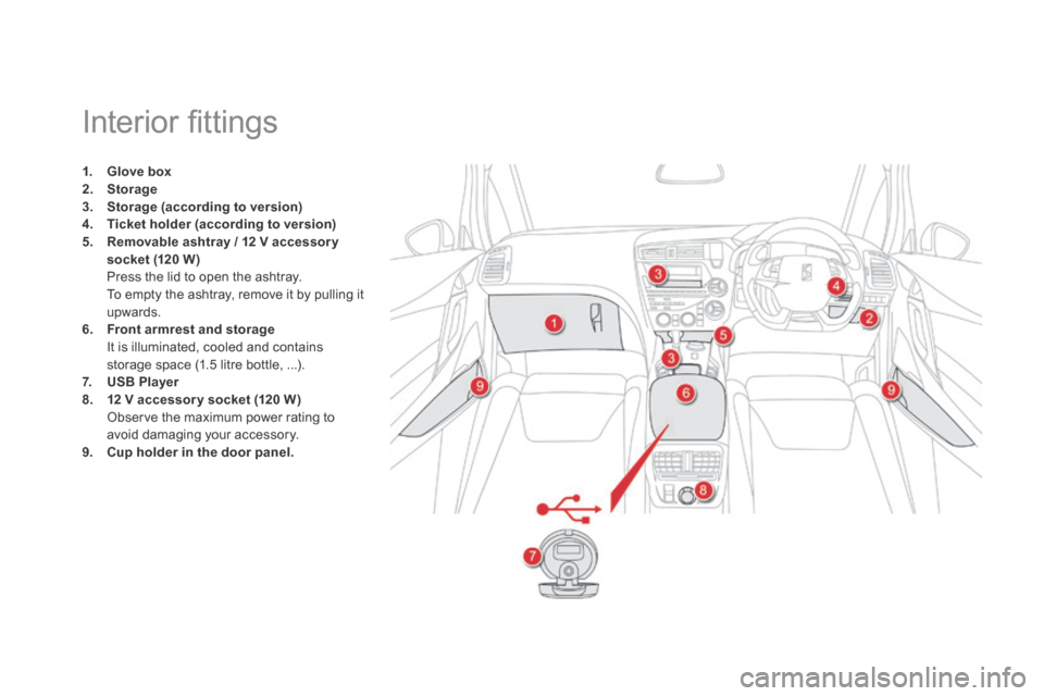 Citroen DS5 HYBRID4 RHD 2014 1.G Owners Manual Interior fi ttings
1. Glove box2. Storage3. Storage (according to version)4. Ticket holder (according to version)5. Removable ashtray / 12 V accessor y
socket (1 Citroen DS5 HYBRID4 RHD 2014 1.G Owners Manual Interior fi ttings
1. Glove box2. Storage3. Storage (according to version)4. Ticket holder (according to version)5. Removable ashtray / 12 V accessor y
socket (1