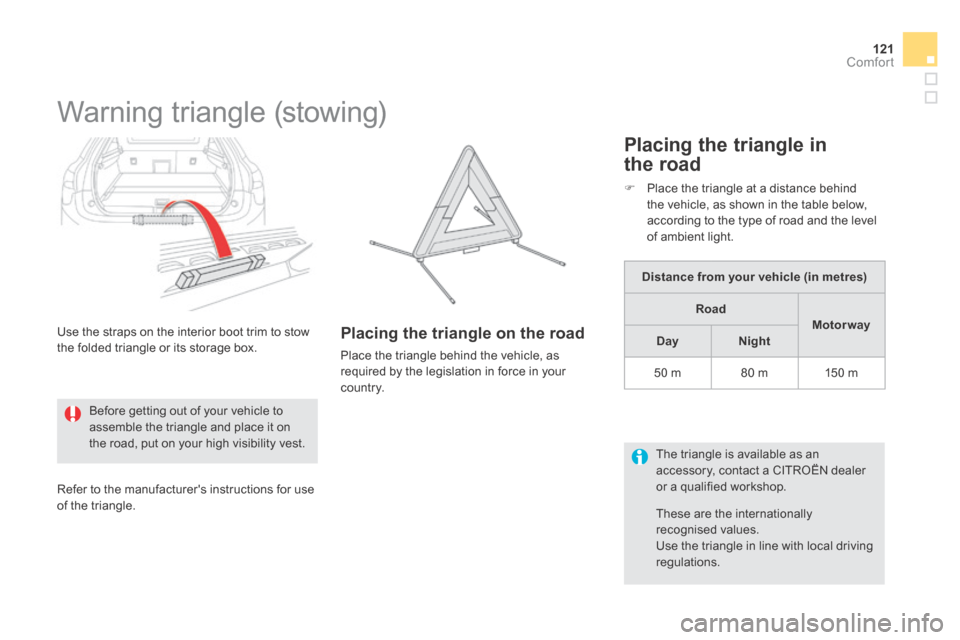 Citroen DS5 HYBRID4 RHD 2014 1.G Owners Manual 121Comfort
         Warning  triangle  (stowing) 
  Use the straps on the interior boot trim to stow the folded triangle or its storage box. 
Before getting out of your vehicle to assemble the triangl