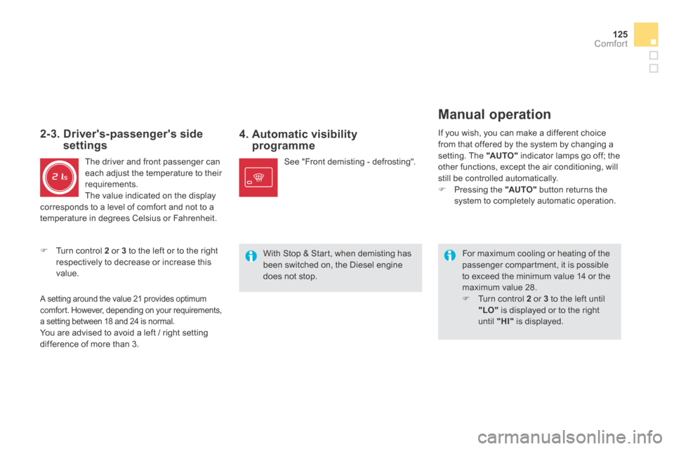 Citroen DS5 HYBRID4 RHD 2014 1.G Owners Manual 125Comfort
  4.   Automatic  visibility programme 
  For maximum cooling or heating of the passenger compartment, it is possible to exceed the minimum value 14 or the maximum value 28.    Turn cont