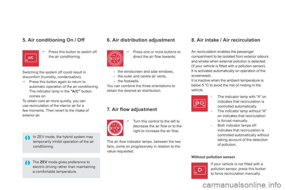Citroen DS5 HYBRID4 RHD 2014 1.G Owners Manual   5. Air conditioning On / Off 
   Press this button to switch off the air conditioning.  
 Switching the system off could result in discomfort (humidity, condensation).    Press this button aga