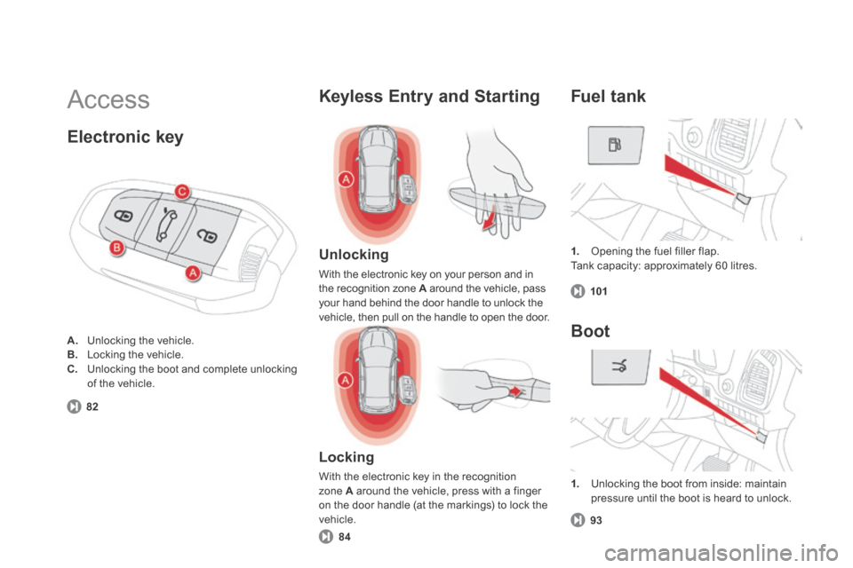 Citroen DS5 HYBRID4 RHD 2014 1.G User Guide Access
1. Opening the fuel filler flap. Tank capacity: approximately 60 litres.
Fuel tank
101
Unlocking
With the electronic key on your person and in the recognition zone A around th Citroen DS5 HYBRID4 RHD 2014 1.G User Guide Access
1. Opening the fuel filler flap. Tank capacity: approximately 60 litres.
Fuel tank
101
Unlocking
With the electronic key on your person and in the recognition zone A around th