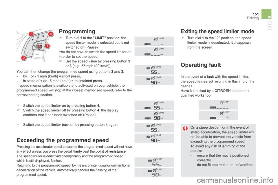 Citroen DS5 HYBRID4 RHD 2014 1.G Owners Manual 151Driving
  Programming 
  Exceeding the programmed speed 
  Exiting the speed limiter mode 
  Operating  fault 
  On a steep descent or in the event of sharp acceleration, the speed limiter will not