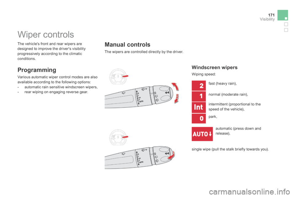 Citroen DS5 HYBRID4 RHD 2014 1.G Owners Manual 171Visibility
         Wiper controls 
  Programming 
 Various automatic wiper control modes are also available according to the following options:    -   automatic  rain  sensitive  windscreen  wiper