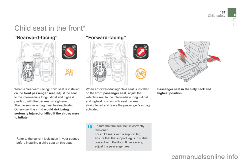 Citroen DS5 HYBRID4 RHD 2014 1.G Owners Manual 181Child safety
         Child  seat  in  the  front *  
  "Rearward-facing"   "Forward-facing" 
Passenger seat in the fully back and highest position.
  Ensure that the seat belt is correctly tension