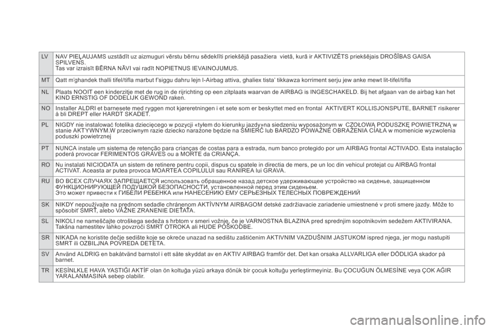 Citroen DS5 HYBRID4 RHD 2014 1.G Owners Manual LVNAV PIEĻAUJAMS uzstādīt uz aizmuguri vērstu bērnu sēdeklīti priekšējā pasažiera  vietā, kurā ir AKTIVIZĒTS priekšējais DROŠĪBAS GAISA S P I LV E N S .Tas var izraisīt BĒRNA NĀVI