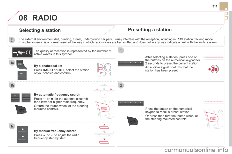 Citroen DS5 HYBRID4 RHD 2014 1.G Owners Manual 08
3 11
 RADIO 
  By  alphabetical  list 
 Press   RADIO  or  LIST , select the station of your choice and conﬁ rm.  
  By automatic frequency search 
 Press     or    for the automatic search