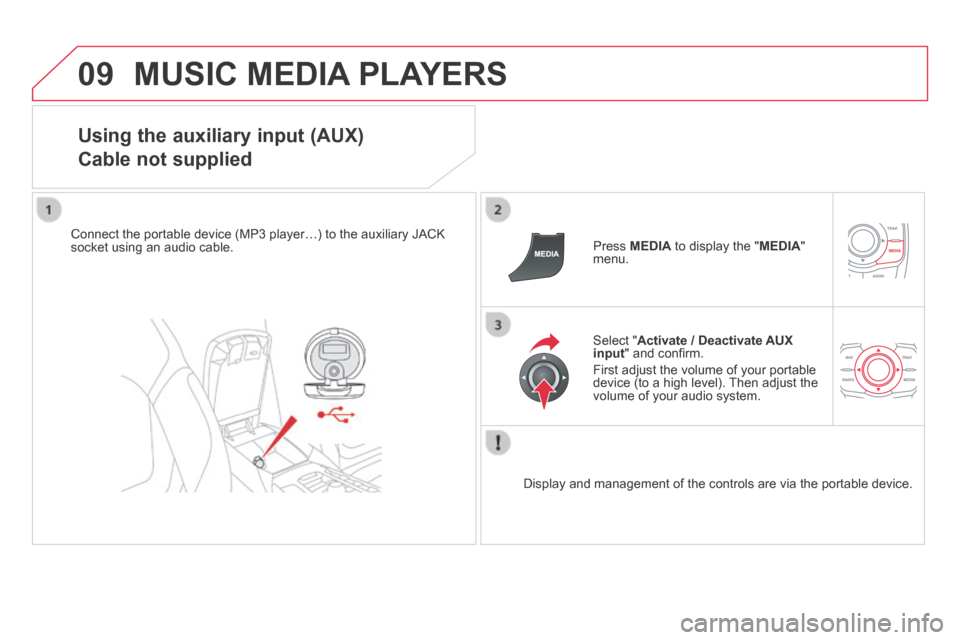 Citroen DS5 HYBRID4 RHD 2014 1.G Owners Manual 09 MUSIC MEDIA PLAYERS 
  Using the auxiliary input (AUX)  
Cable not supplied 
  Connect the portable device (MP3 player…) to the auxiliary JACK socket using an audio cable.    Press   MEDIA  to di