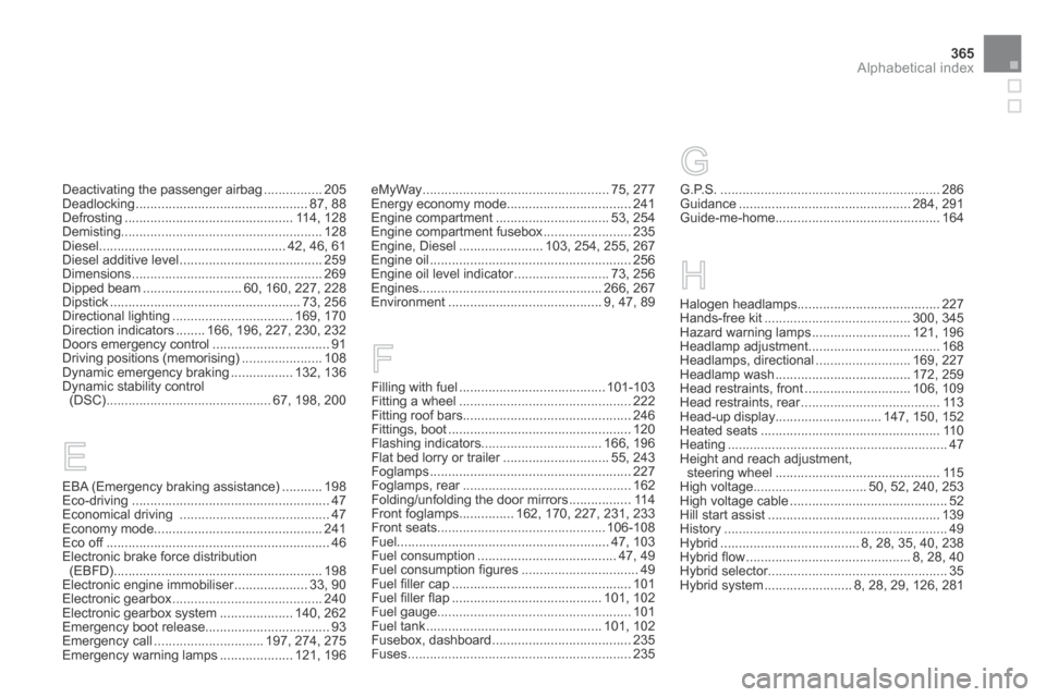 Citroen DS5 HYBRID4 RHD 2014 1.G Owners Guide 365Alphabetical index
Deactivating the passenger airbag ................205Deadlocking ...............................................87, 88Defrosting ..............................................114