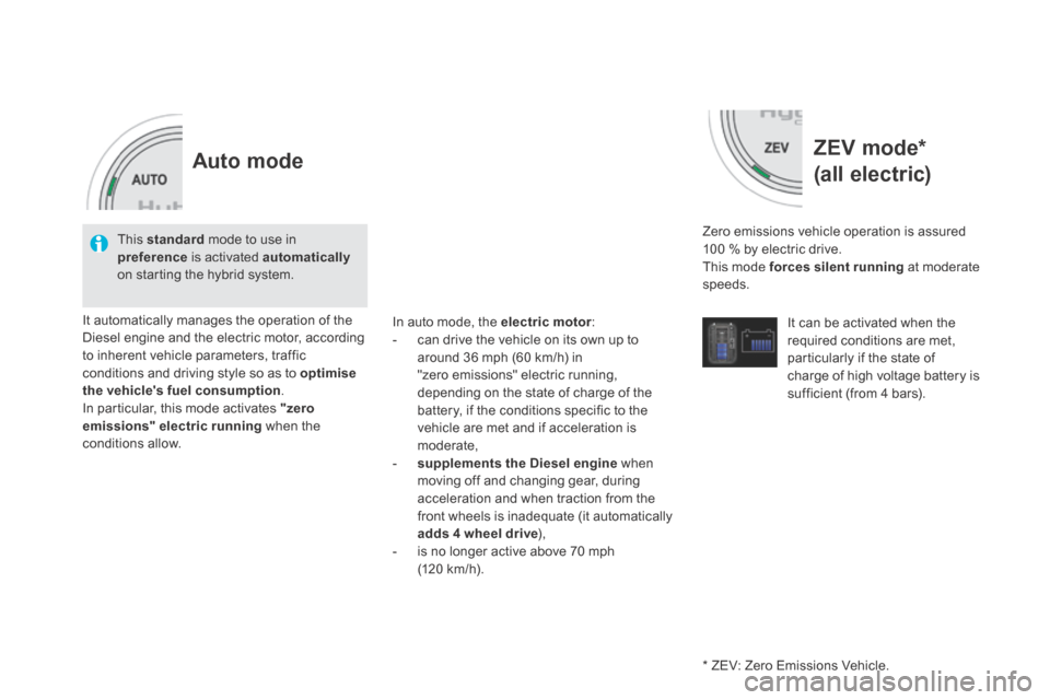 Citroen DS5 HYBRID4 RHD 2014 1.G Owners Guide   ZEV  mode *     
(all electric) 
  Zero emissions vehicle operation is assured 100 % by electric drive.  This mode  forces silent running  at moderate speeds.  
  It can be activated when the requir