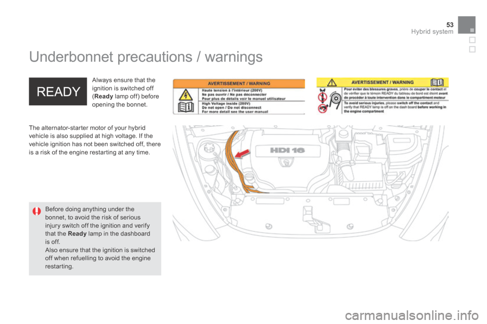 Citroen DS5 HYBRID4 RHD 2014 1.G Owners Guide 53Hybrid system
      
Underbonnet precautions / warnings  
 The alternator-starter motor of your hybrid vehicle is also supplied at high voltage. If the vehicle ignition has not been switched off, th