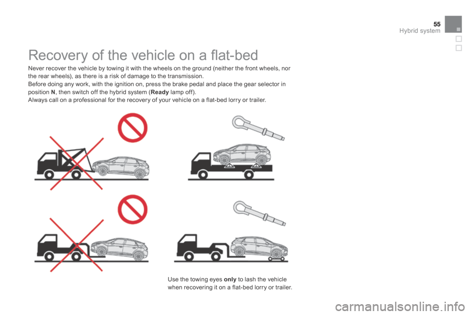 Citroen DS5 HYBRID4 RHD 2014 1.G Workshop Manual 55Hybrid system
Recovery of the vehicle on a fl at-bed
Never recover the vehicle by towing it with the wheels on the ground (neither the front wheels, nor the rear wheels), as there is a Citroen DS5 HYBRID4 RHD 2014 1.G Workshop Manual 55Hybrid system
Recovery of the vehicle on a fl at-bed
Never recover the vehicle by towing it with the wheels on the ground (neither the front wheels, nor the rear wheels), as there is a