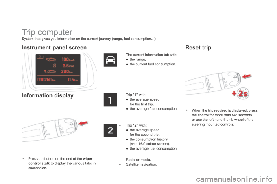 Citroen DS5 HYBRID4 RHD 2014 1.G Manual PDF  Trip  computer 
  System that gives you information on the current journey (range, fuel consumption…).  
   When the trip required is displayed, press the control for more than two seconds or us