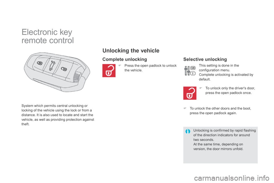 Citroen DS5 HYBRID4 RHD 2014 1.G Owners Manual                      Electronic  key  
remote control 
  Unlocking  the  vehicle 
  Complete  unlocking   Selective  unlocking 
 System which permits central unlocking or locking of the vehicle using 
