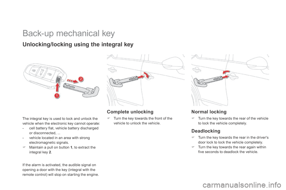 Citroen DS5 HYBRID4 RHD 2014 1.G Service Manual       
Back-up mechanical key 
  Unlocking/locking using the integral key 
 The integral key is used to lock and unlock the vehicle when the electronic key cannot operate:    -   cell battery flat, ve