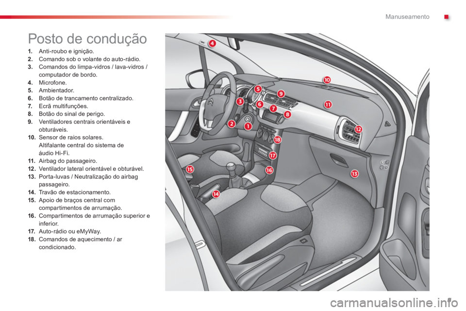 CITROEN C3 2014  Manual do condutor (in Portuguese) .Manuseamento
9
1.    Anti-roubo e ignição.2.Comando sob o volante do auto-rádio. 3.Comandos do limpa-vidros / lava-vidros / computador de bordo.4. 
 Microfone.
5.   Ambientador. 
6.Botão de tranc